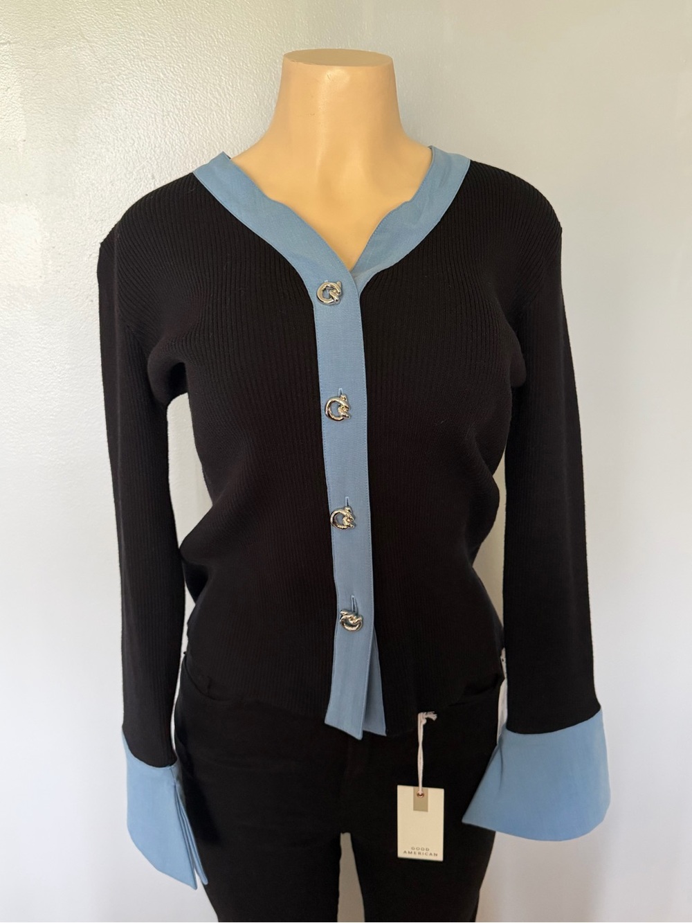 Black Cardigan with Light Blue Trim V-Neck Button Front